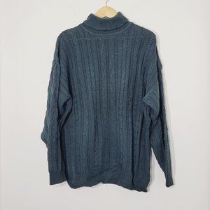 NO Excess Basic Green 100% Cotton Vintage Classic Cable Knit Cowl Neck Sweater L